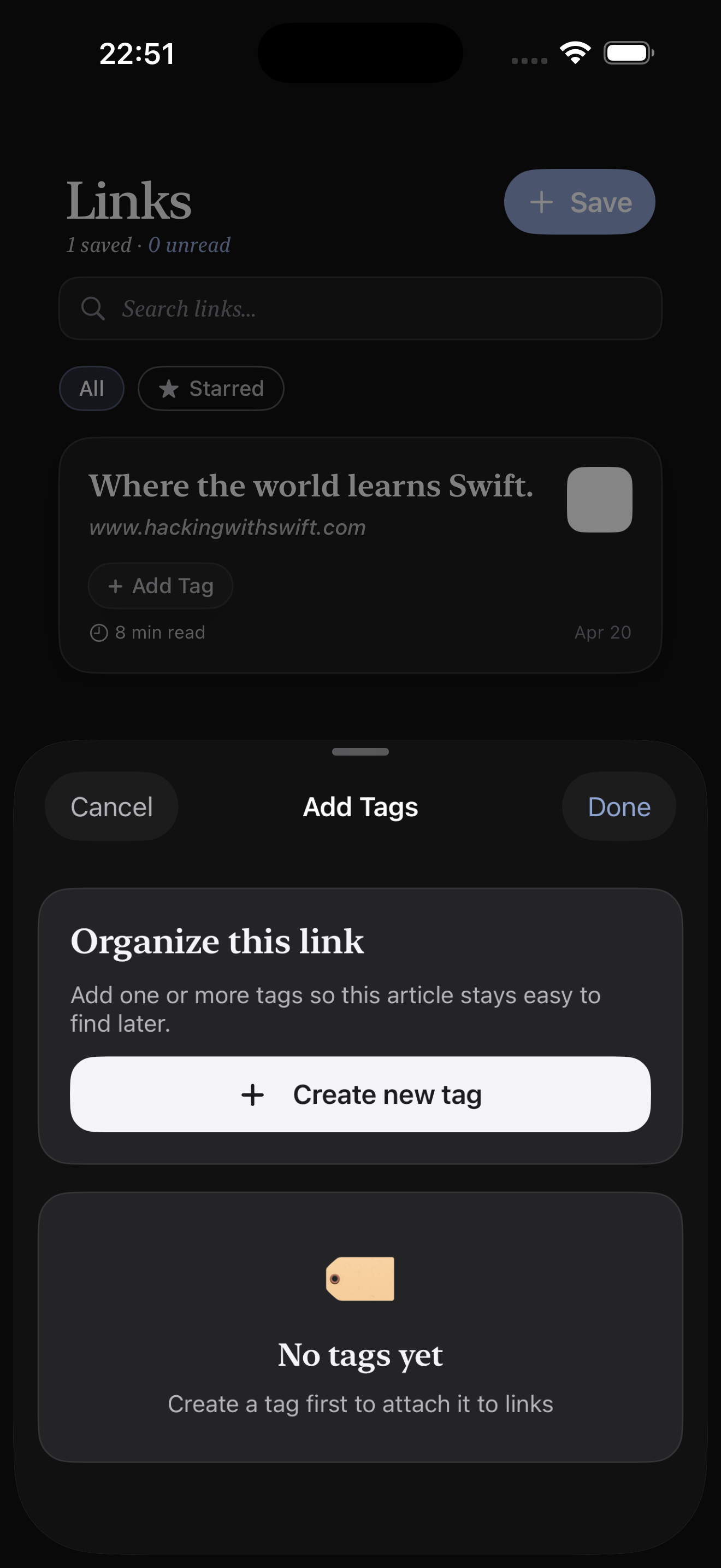 Linkable iPhone screenshot showing tag filtering