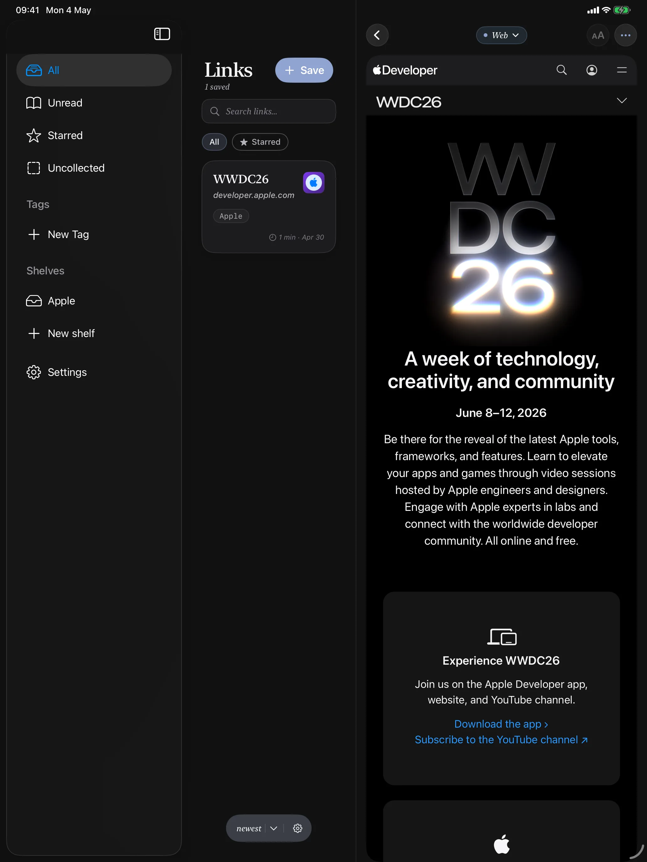 Linkable iPad multi-column screenshot showing the link library
