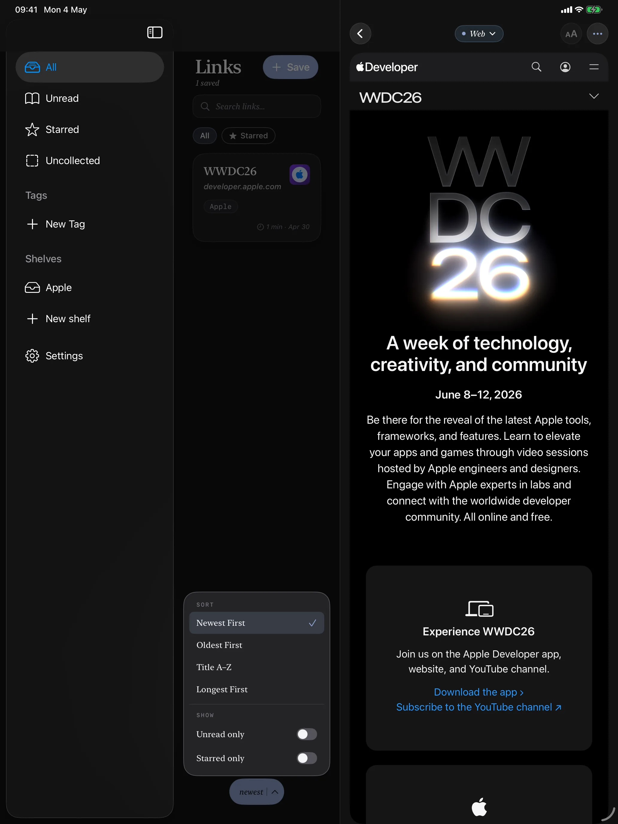 Linkable iPad screenshot showing sort and filter options