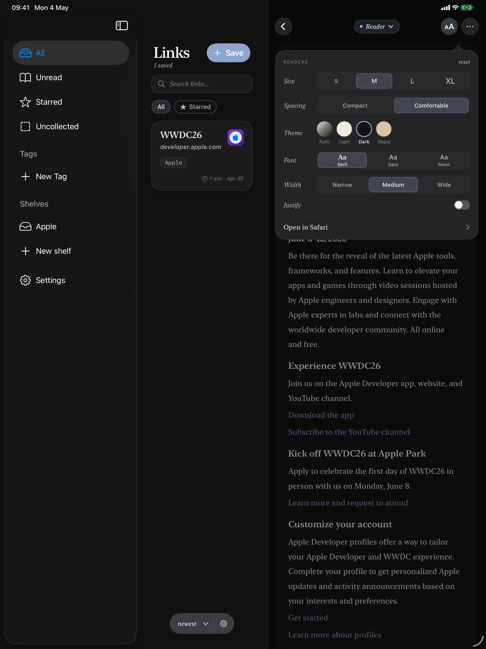 Linkable iPad screenshot showing reader settings