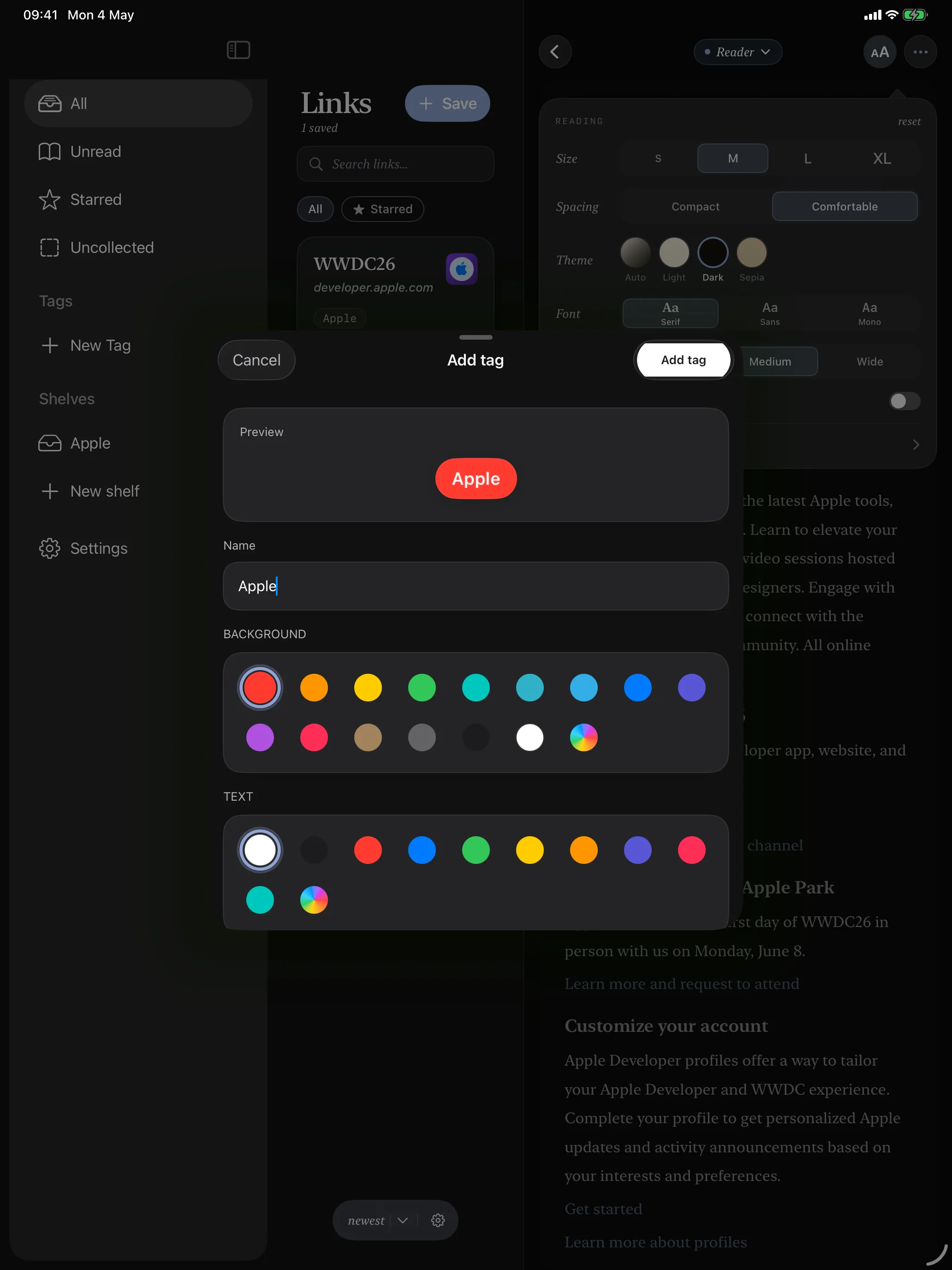 Linkable iPad screenshot showing tagging a link