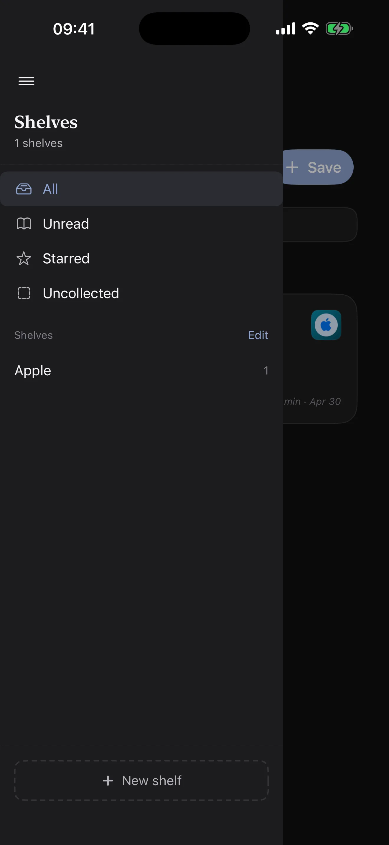 Linkable iPhone screenshot showing the shelves sidebar