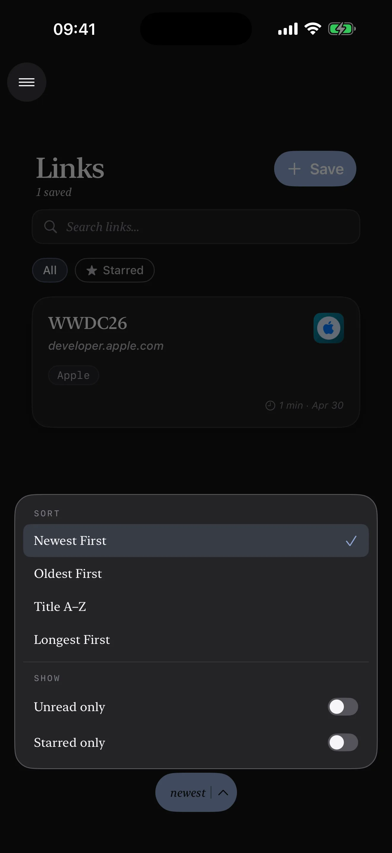 Linkable iPhone screenshot showing sort and filter options