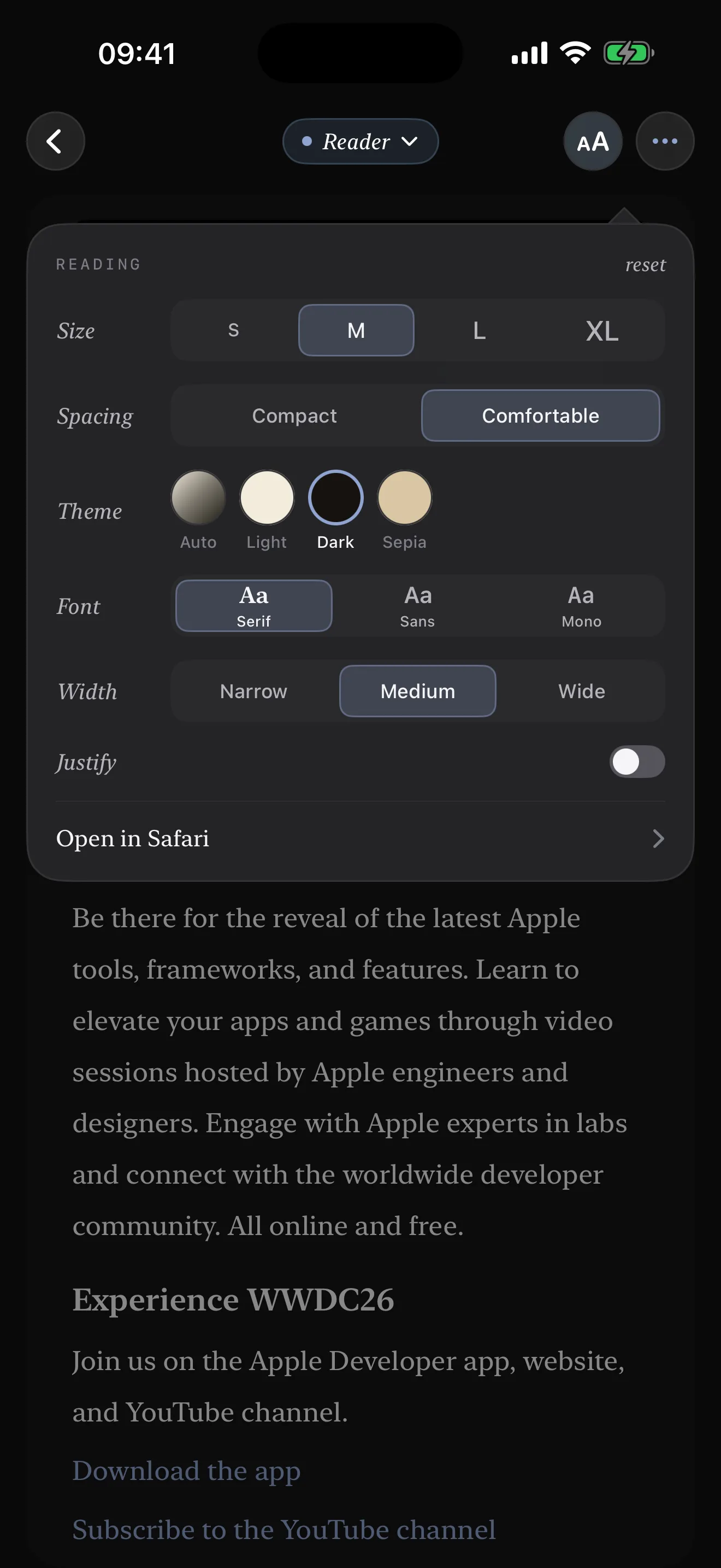 Linkable iPhone screenshot showing reader settings