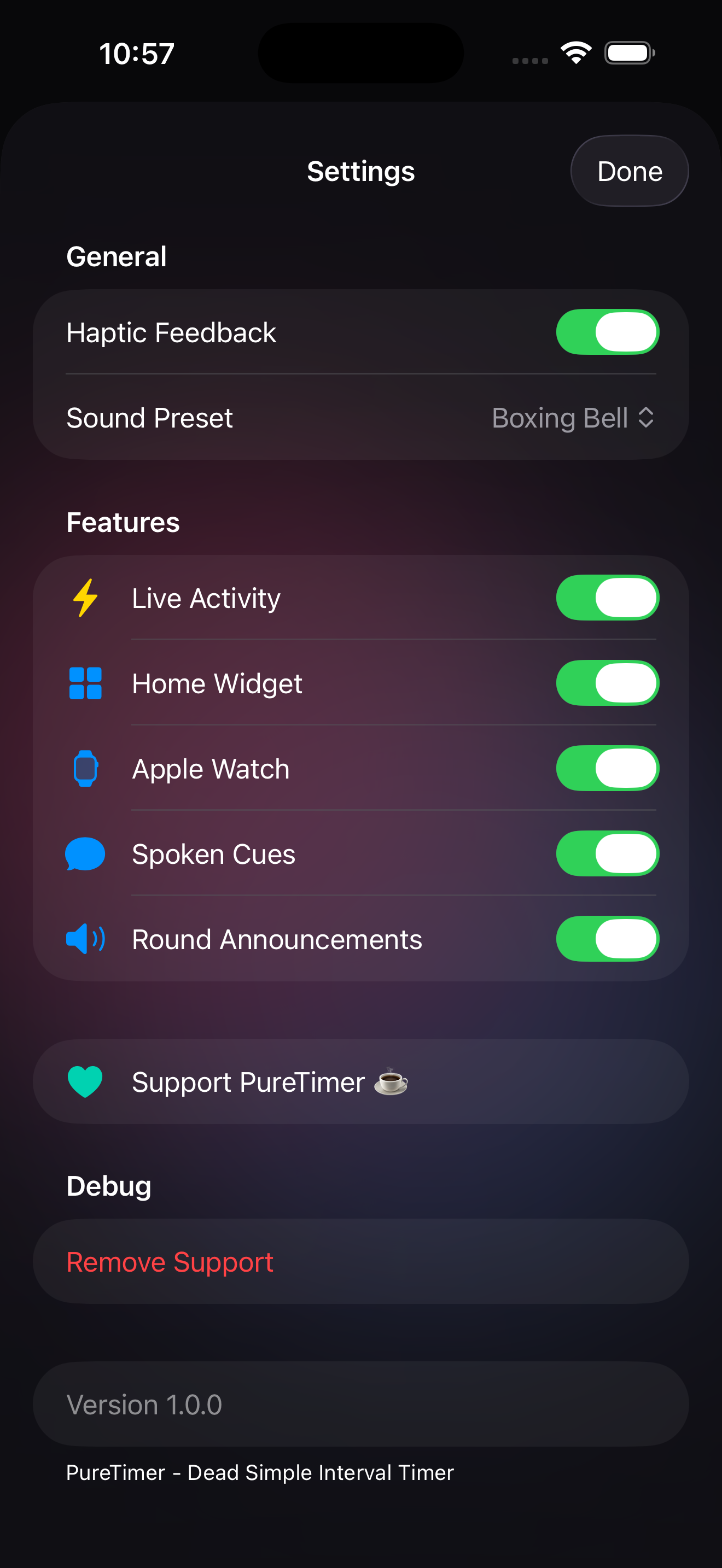 PureTimer iPhone screenshot showing voice-cue settings